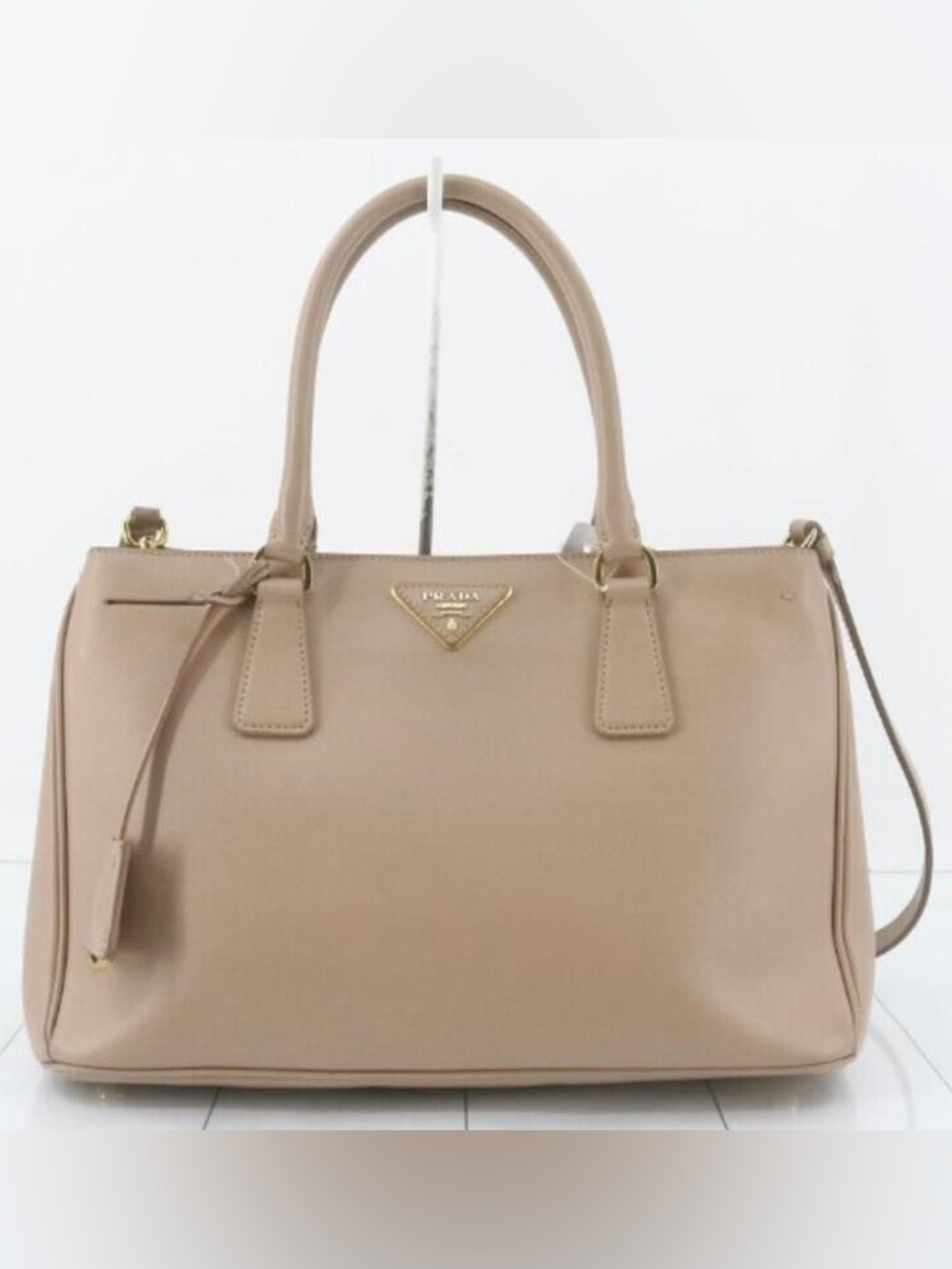 Prada Beige Medium Saffiano Leather Satchel with Gold Hardware